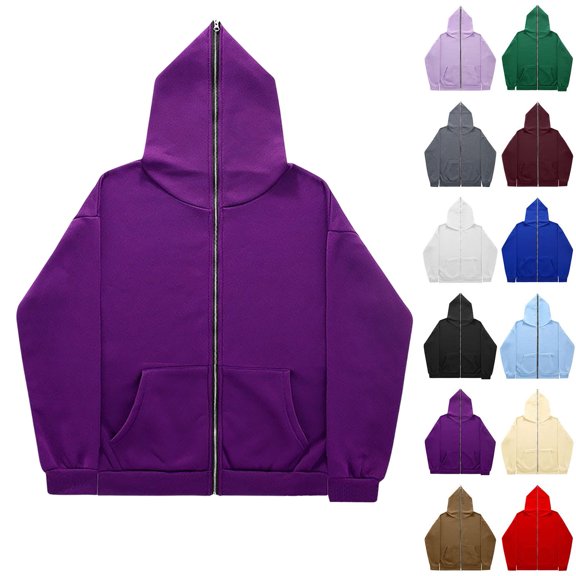 Men's Full Zip Hoodie Solid Color Long Sleeved Casual Fashionable Vintage Hoodie