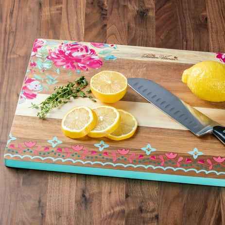 The Pioneer Woman Spring Floral 12" x 18" Acacia Wood Cutting Board, Mint