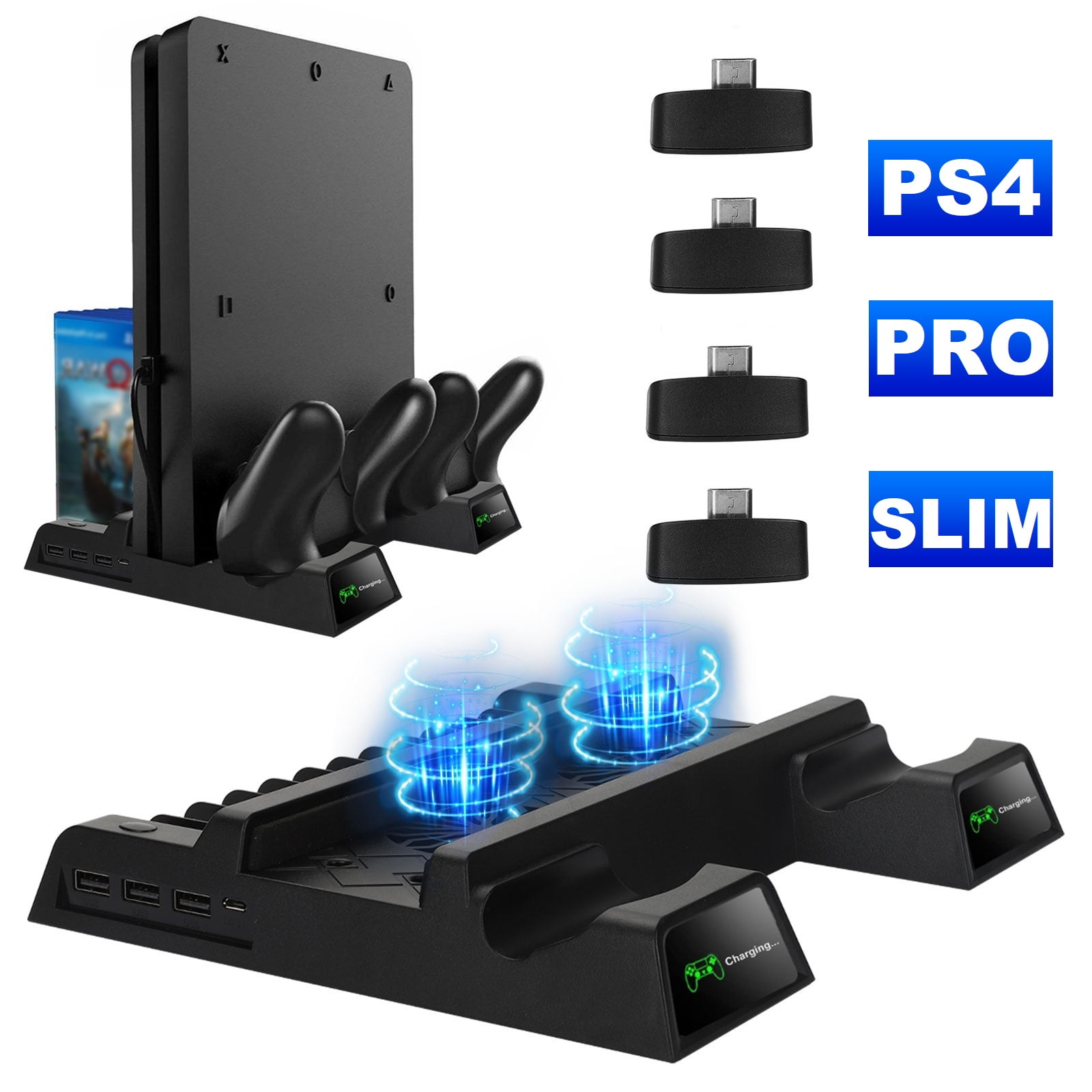 TSV Stand Fit for PS4/PS4 Slim/PS4 Pro with 2 Cooling Fans, Vertical Cooling Stand + Dual Controller Charging Station Dock Sony PlayStation 4 12 Game Storage Slots, 3 USB
