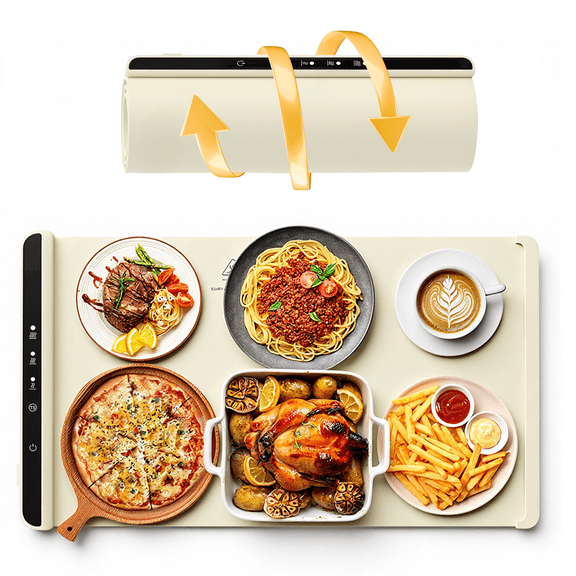 Rocyis Warming Mat for Food, Foldable Silicone Electric Warming Tray with 3 Temp Settings & 4-Hour Timer, Auto Shut-Off, Portable, Rollable Food Warmer for Home, Parties Buffets Daily Use, Off-white