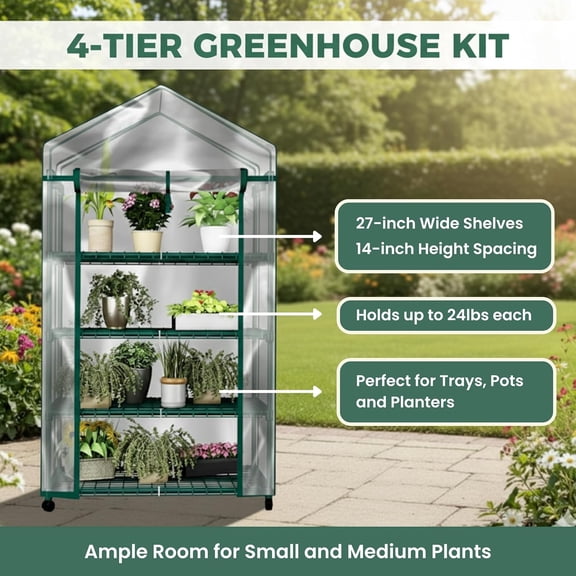 4 Tier Mini Greenhouse - Portable Greenhouse with Locking Wheels and PVC Cover for Indoor or Outdoor - 27 x 19 x 63-Inch Green House by