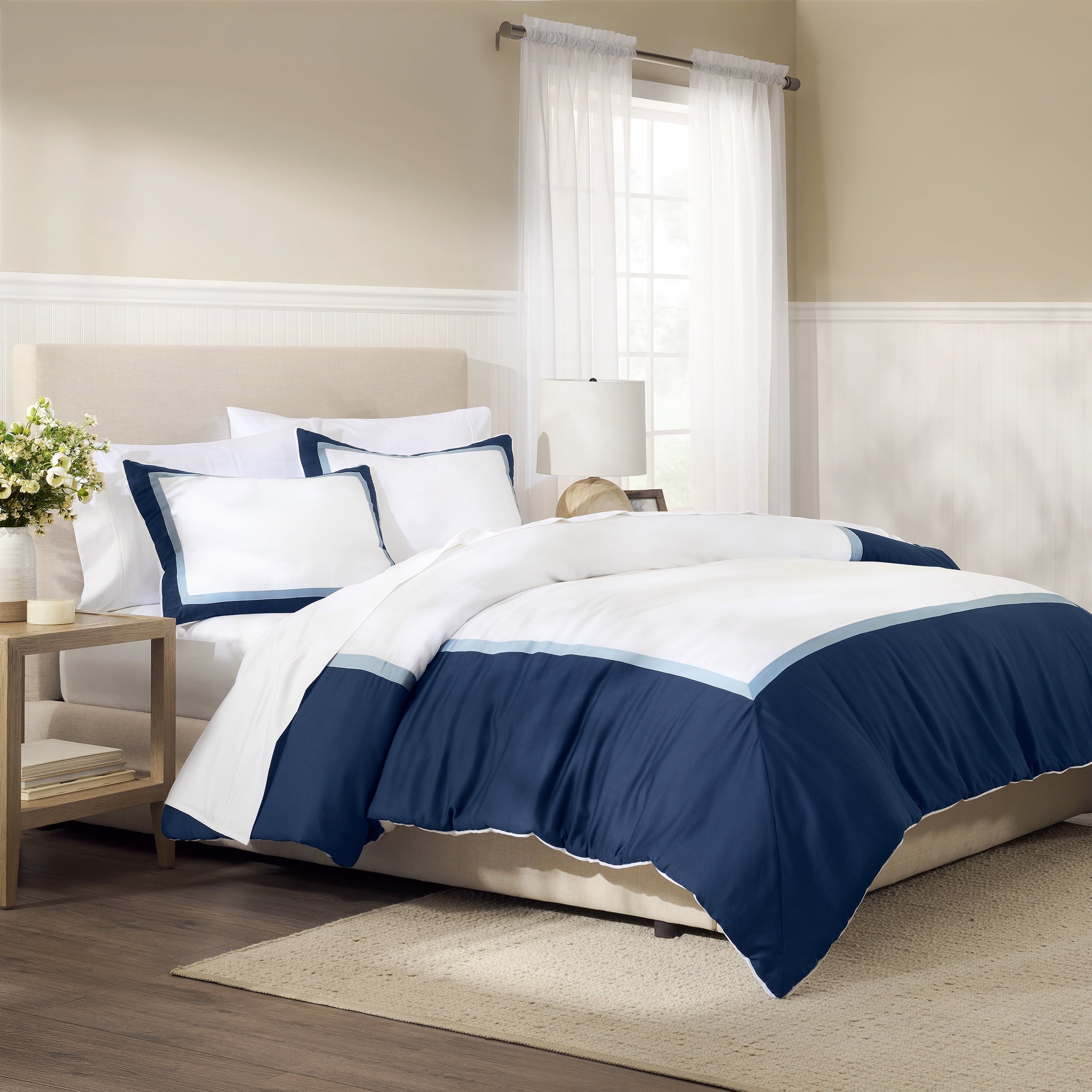 Wamsutta 1846 Cotton Tencel 3-Piece Titan Blue Henley Border Comforter Set, King