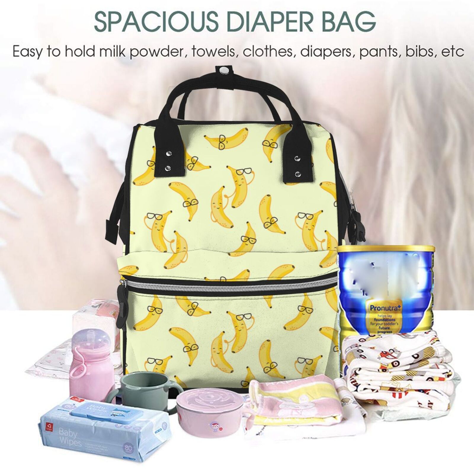 Ratiio Bananas Mummy Backpack - Waterproof Twill Canvas, Large Capacity Diaper Bag with Multiple Pockets and Adjustable Straps