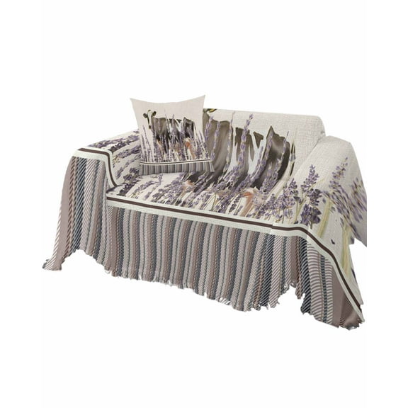Cow Floral Beige Sofa Couch Covers for Dog,Washable Sectional Couch Slipcovers for Loveseat with Tassels,Farmhouse Purple Lavender Retro Stripe Non Slip Sofa Throw Cover Blanket Large 71''x102''