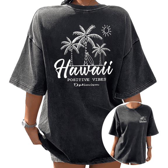 Hawaii Palm Tree Sun Graphic Tees Washed Black S-2XL Womens Vacation Casual Tops