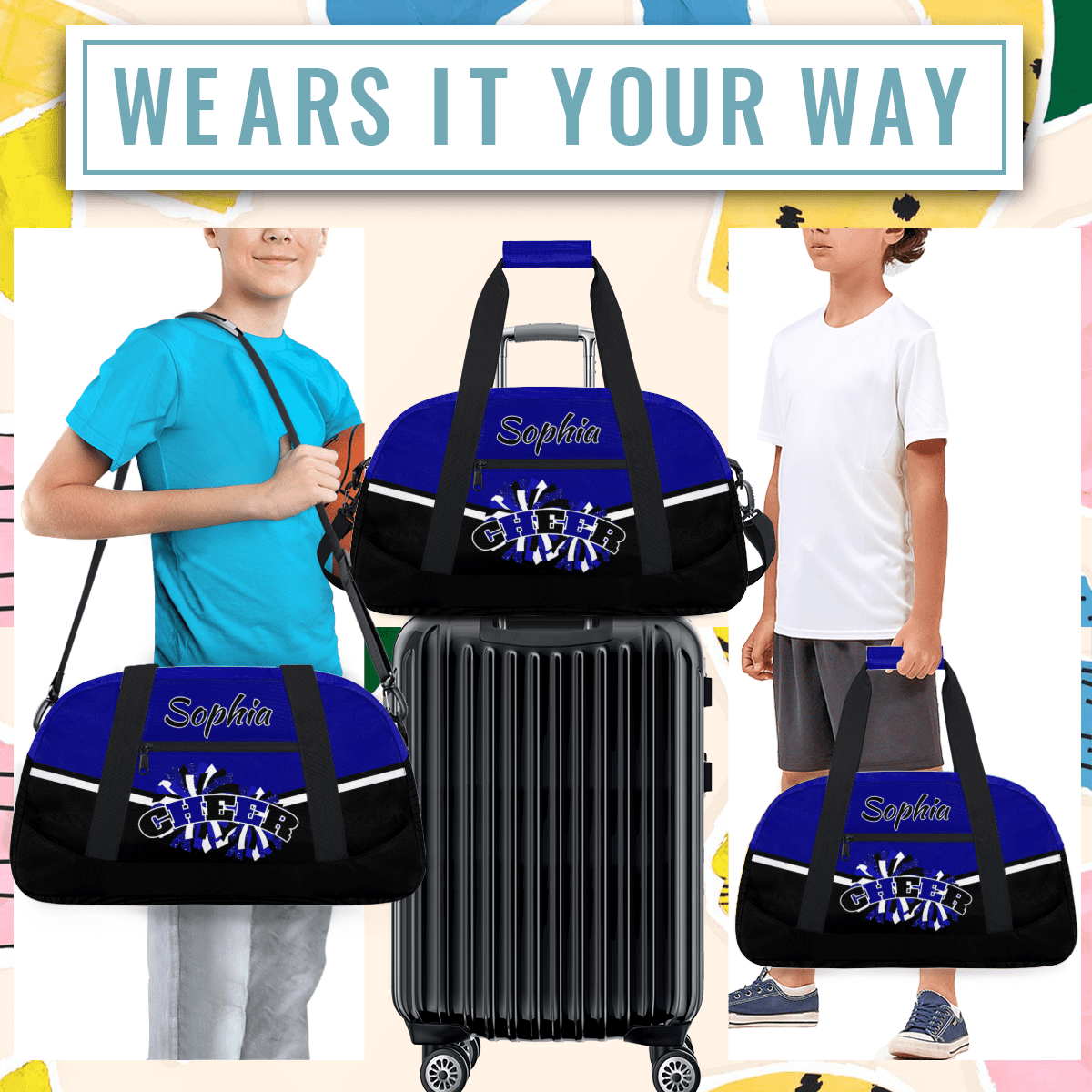 Jiaoprinted Personalized Cheer Bag, Custom Sport Duffel Bag with Name, Customized Cheerleader Dance Bag, Sport Gym Bag Overnight Weekender Bags, Blue