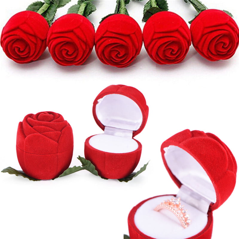 Case Red Flower Box Ring 1pc Display Velvet Rose Jewelry Storage Engagement 