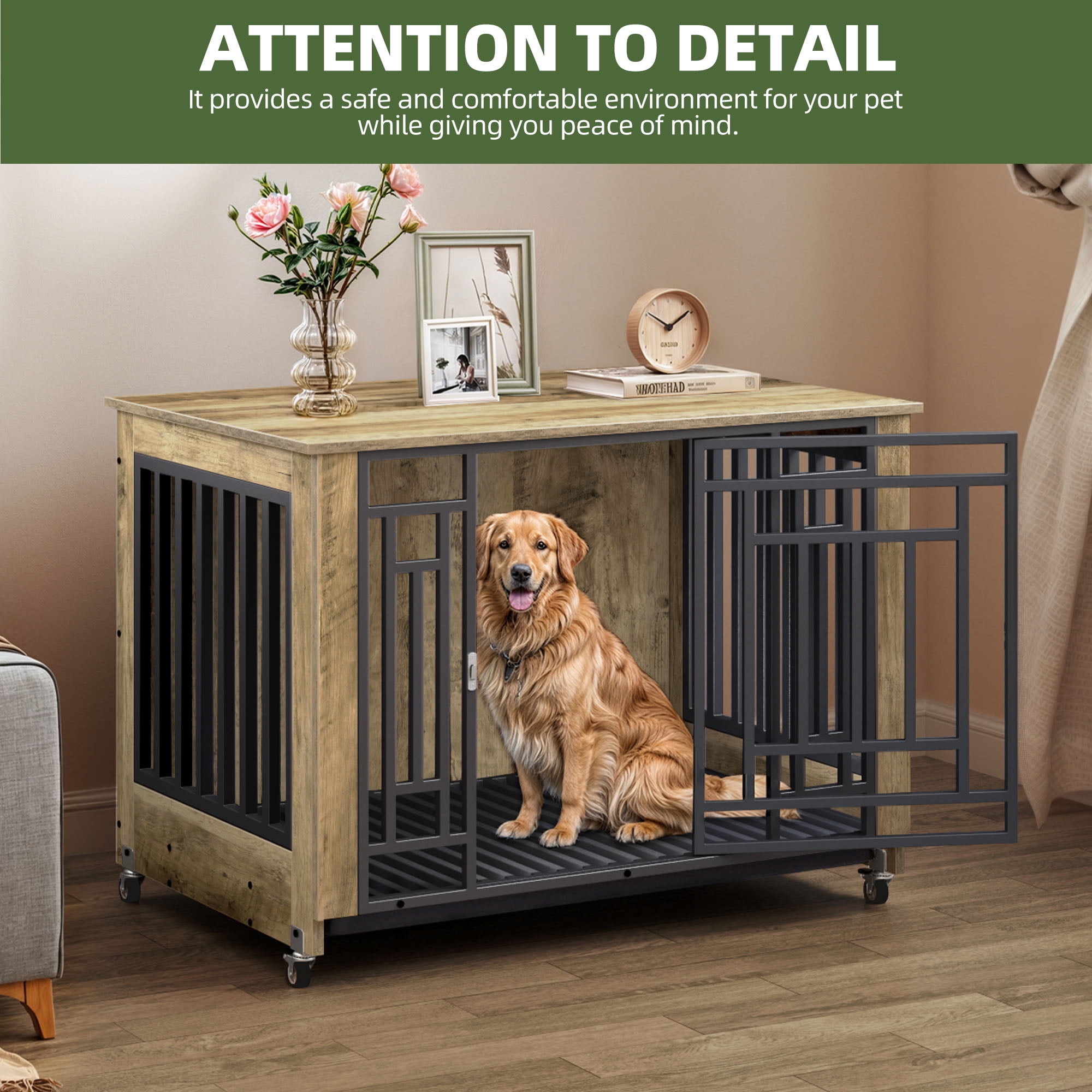 Uforic 38" Dog Crate Furniture with 4 Wheels, Indoor Furniture Style Wooden Large Dog Kennel, Greige