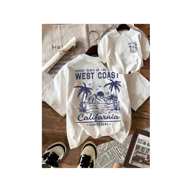 Camiseta reversible de manga corta con cuello redondo y estampado de coco de la costa oeste de California, ajustada, informal, de alta calidad, deportiva y a la moda.