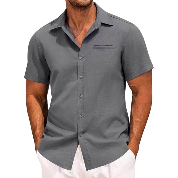 DeHolifer Men's Dress Shirts Summer Casual Button Down Shirts Business Shirts Solid Color Short Sleeve Tops Gray M