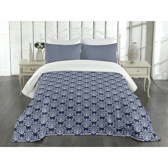Ambesonne Damask Quilted Bedspread Set 3 Pcs, Floral Antique Flourishes, King Size, Dark Blue and White