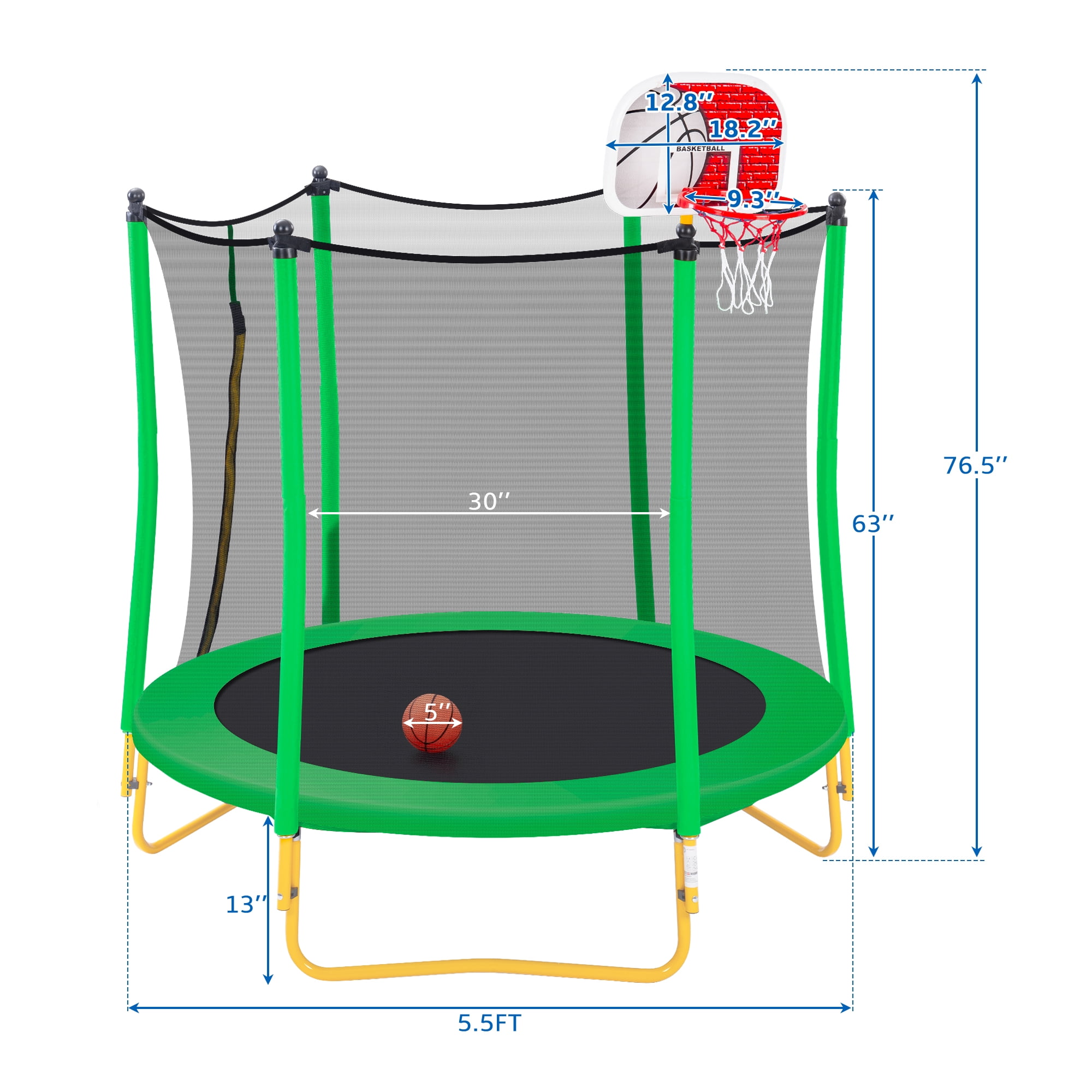 EUROCO 5.5FT Kids Trampoline with Basketball Hoop, Indoor & Outdoor Mini Toddler Trampoline with Enclosure Net, Easy to Assemble
