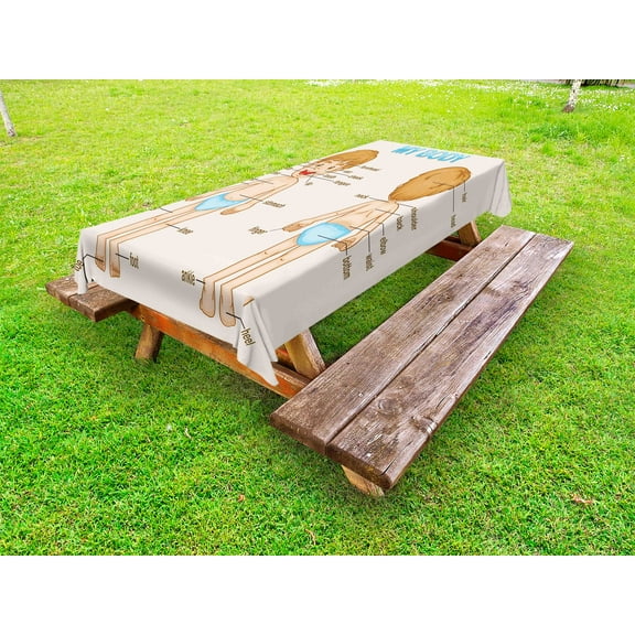 Educational Outdoor Tablecloth, Illustration of the Parts of the Body Names on Cute Cartoon Kid Boy, Decorative Washable Fabric Picnic Tablecloth, 58 X 120 Inches, Pale Blue Pale Brown, by Ambesonne