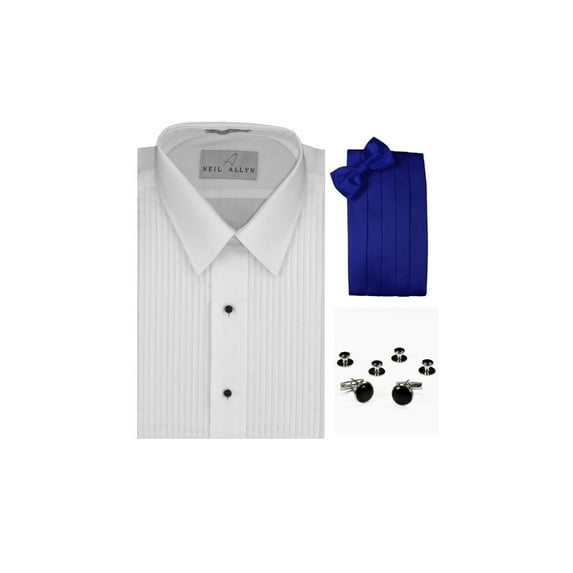Lay-Down Collar Formal Tuxedo Shirt, Royal Blue Cummerbund, Bow-Tie, Cuff Links & Studs