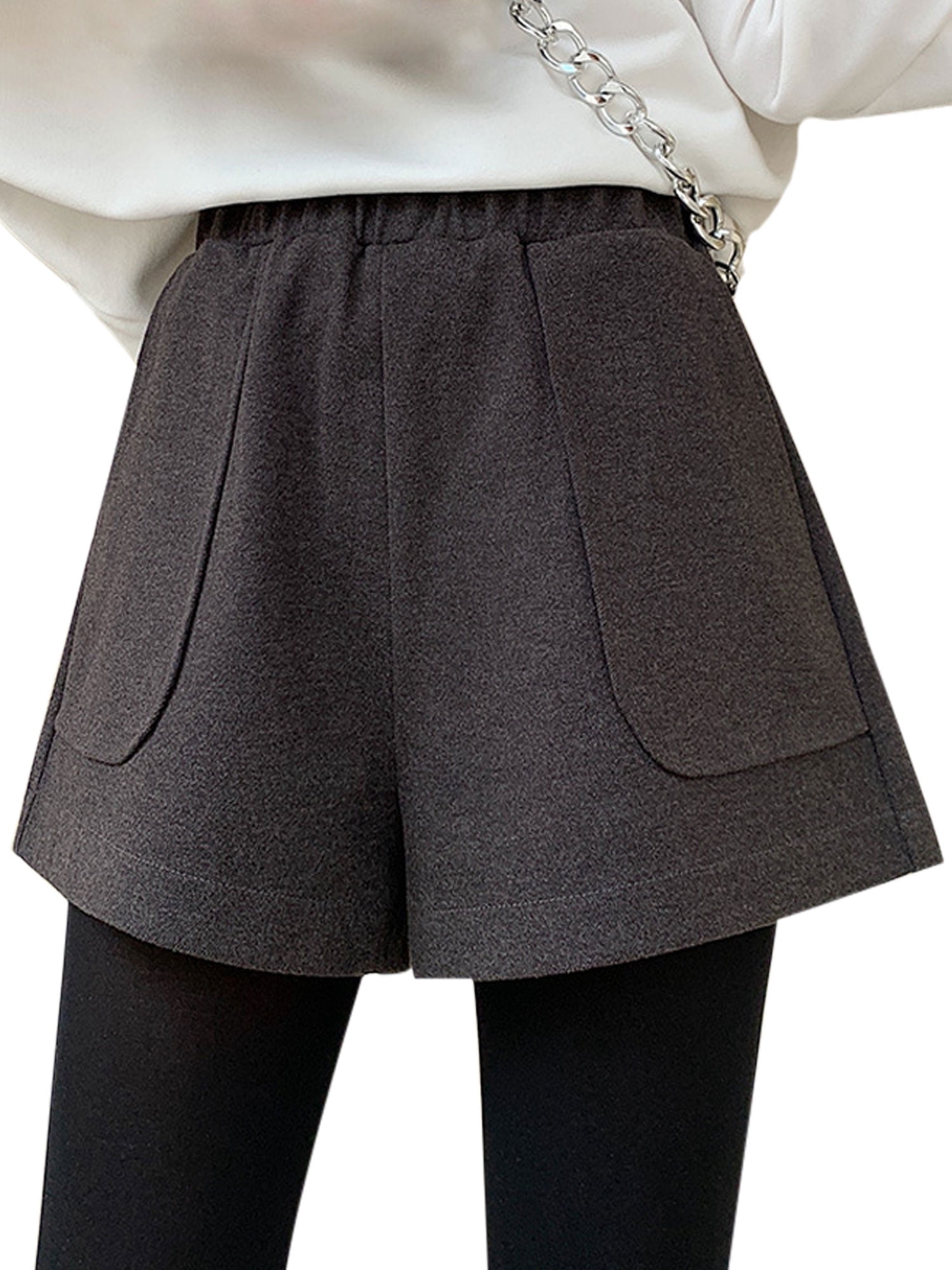 Elastic Waist Short Wool Pockets Pants 