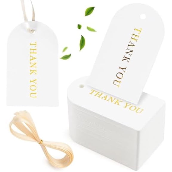 120PCS Thank You Gift Tags, White Gold Stamping Tags Hanging Labels with Ribbon for Party Favors Birthday Baby Shower White