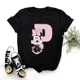 thumbnail image 3 of Camisetas de algodón de manga corta de verano para niños, camiseta rosa con letras de Minnie Mouse, fuente ABCDEFG, divertida y bonita para niño y niña, 3 of 5