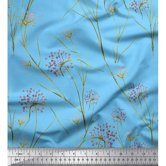 Soimoi Blue Cotton Jersey Fabric Grass & Wildflower Floral Print Fabric by Yard 58 Inch Wide