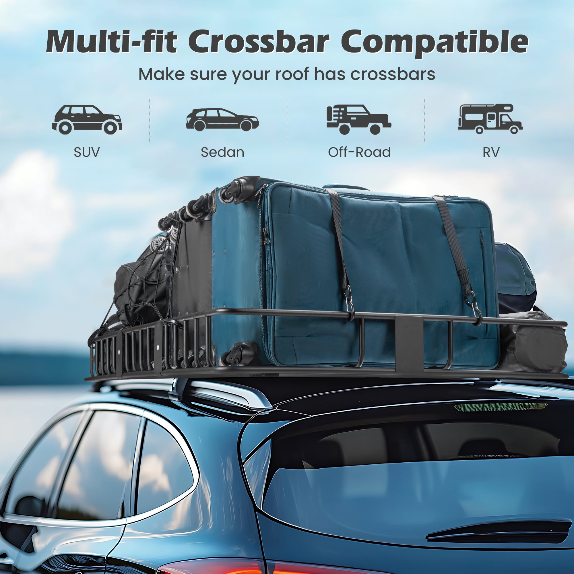 Naipo Roof Rack Cargo Basket,250 lb,64"x39"x6"Roof Luggage Holder Rack with Extension 4 U-Bolts for SUV/MPV,Camping