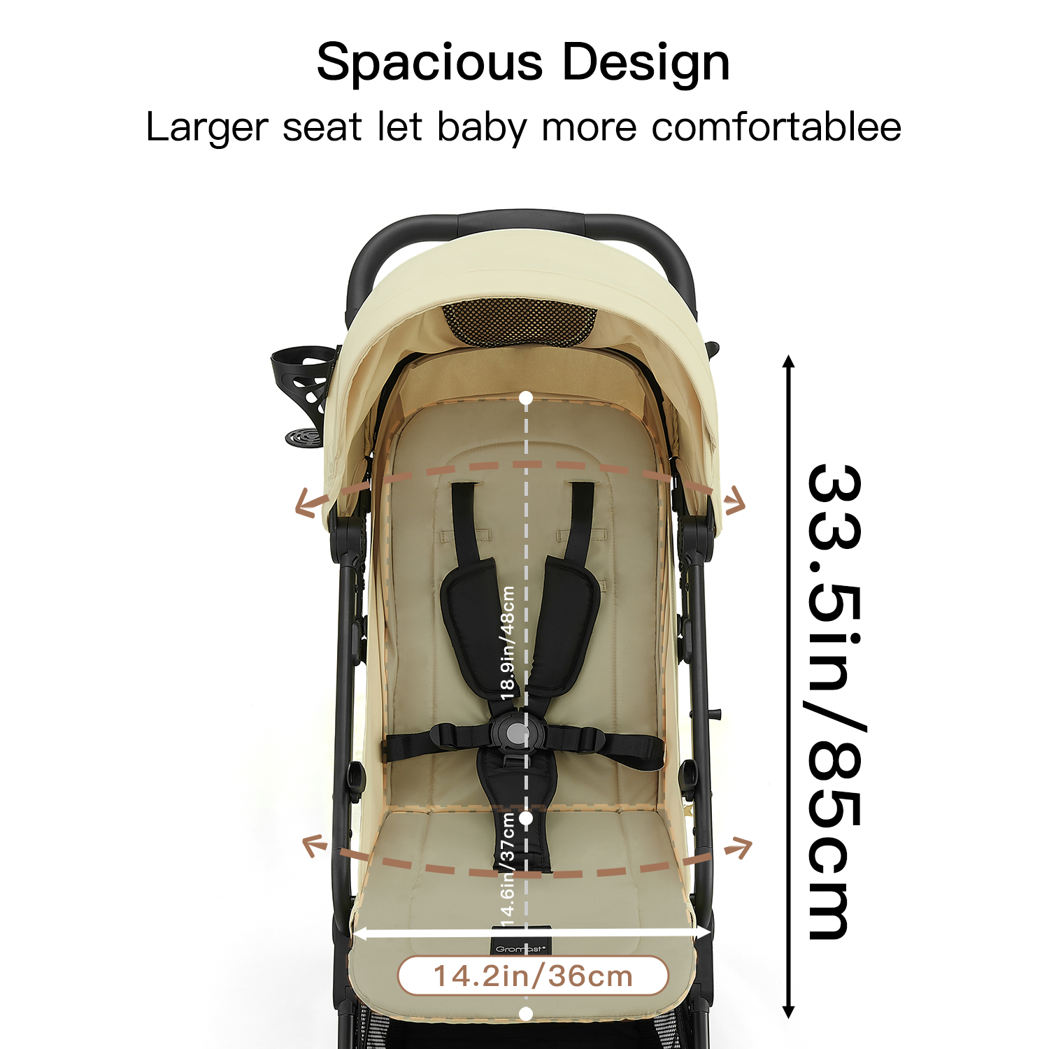 Gromast Compact Fold Baby Stroller, Lightweight Travel Toddler Stroller with One-Click Fold, Extendable UPF50+ Canopy, Cup Holder, UV Protected and Waterproof, One-Hand Folding - Beige