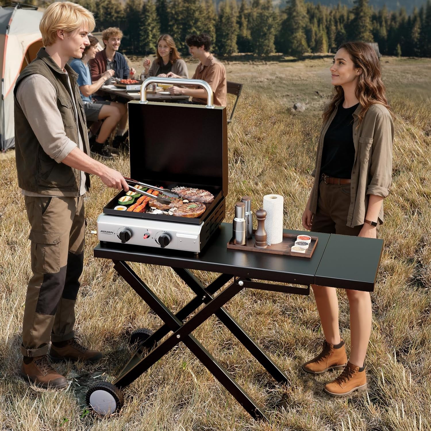 TUFFIOM 2 Burner Foldable Propane Griddle with Wheels, Enameled Tray & Lid, Portable Rolling Flat Top Gas Grill with Electronic Ignition & Regulator for Outdoor Cooking Camping BBQ Tailgating