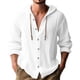 thumbnail image 2 of Camisa casual de color sólido para hombre, cárdigan de algodón y lino con capucha y cordón, camiseta de playa holgada moderna y versátil, 2 of 4
