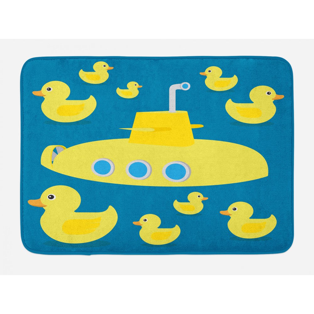 Rubber Duck Bath Mat, Duckies Swimming in the Sea with a Yellow