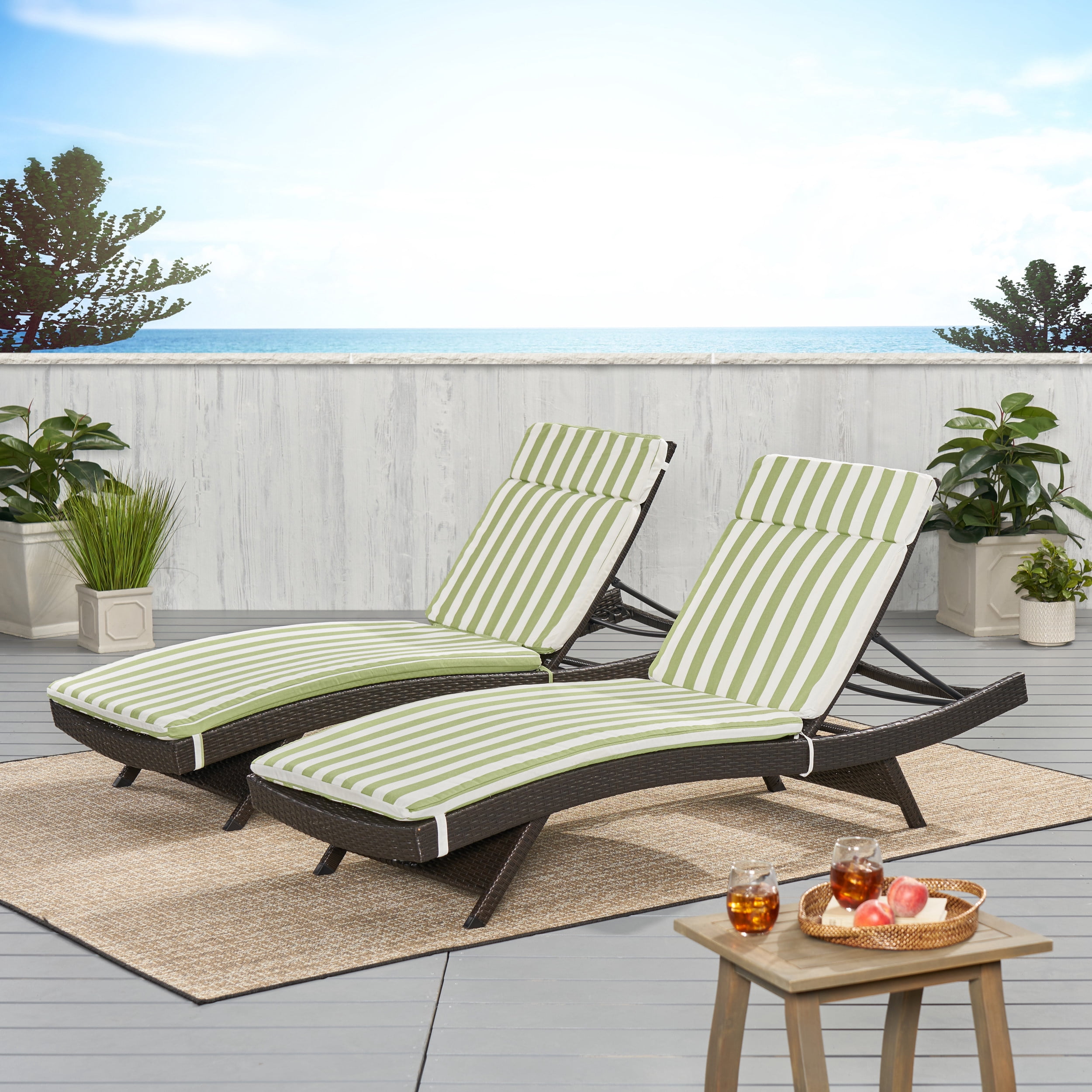 Anthony Outdoor Water Resistant Chaise Lounge Cushions, Set of 2, Green and White Strip