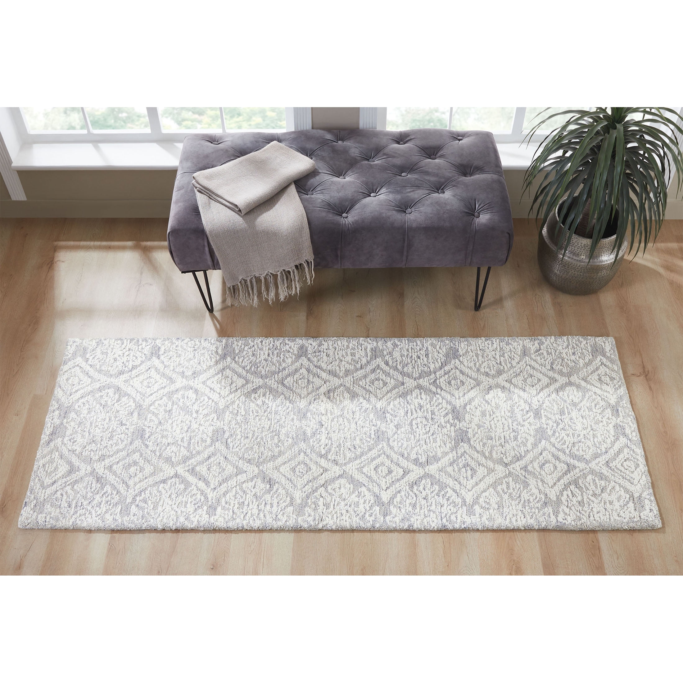 Better Homes & Gardens Suzani Light Grey Medallion Wool Indoor Rug Runner, 2.5' x 7'