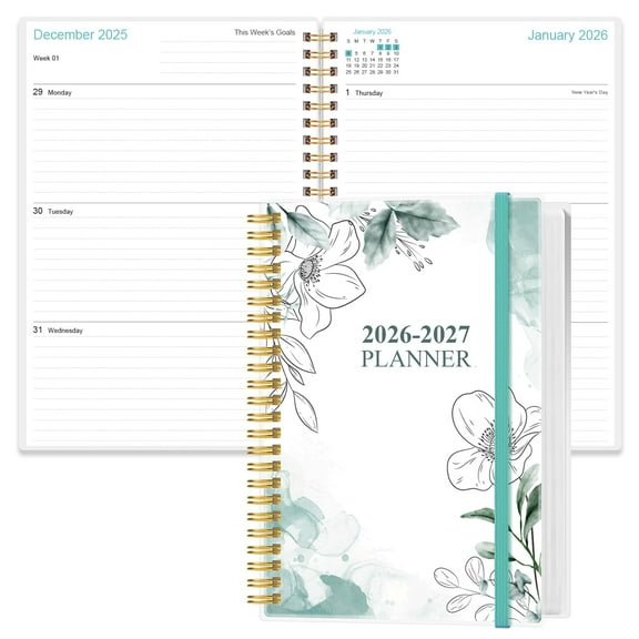 2026 2027 planner 18 months, weekly and monthly organizer with holidays, sturdy twin wire binding, inner pocket for storage, compact 5.8 x 8.3 inches, teal flower
