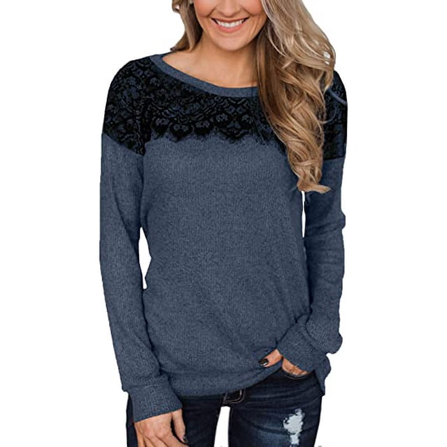 Pompotops Blouse Décontractée Automne pour Femmes Col Rond Sexy Manches Longues en Dentelle