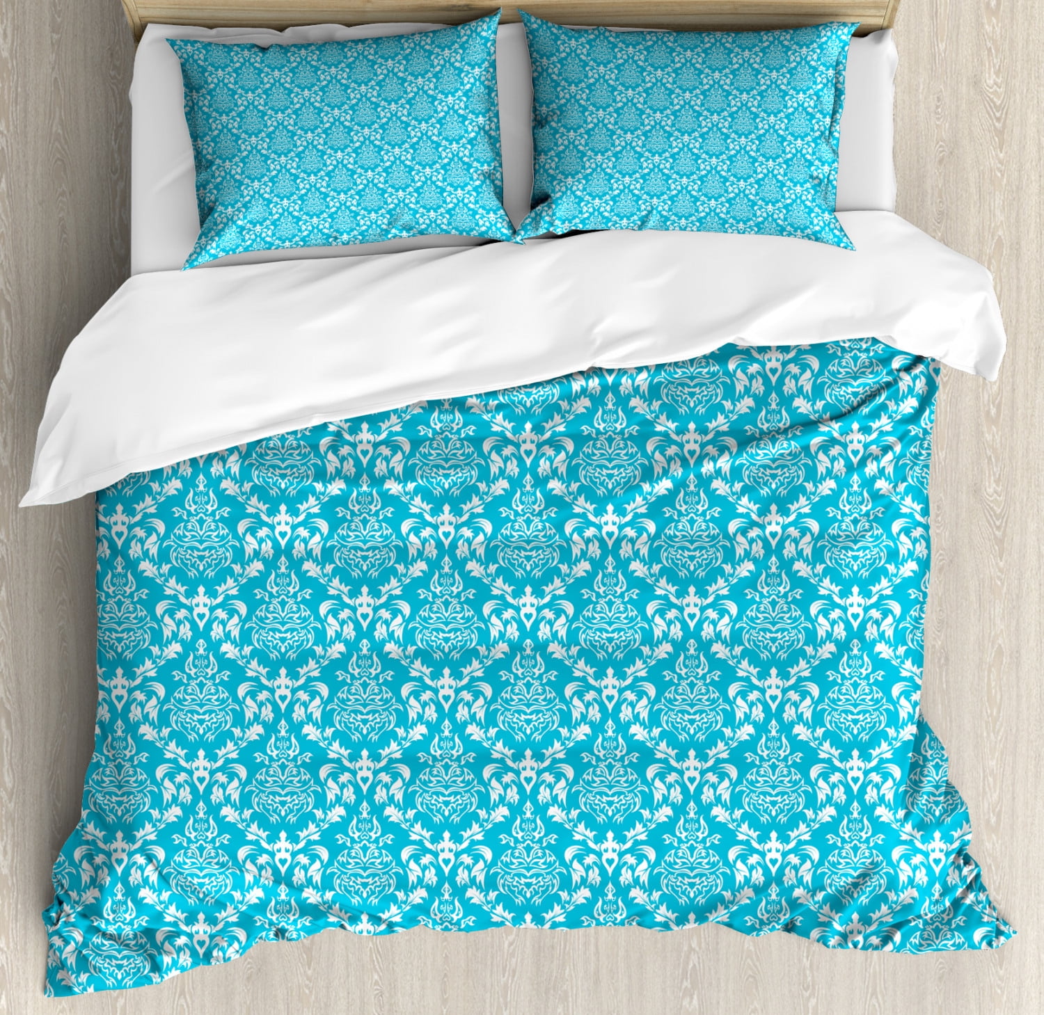 Blue and White King Size Duvet Cover Set, Pattern with Antique Damask