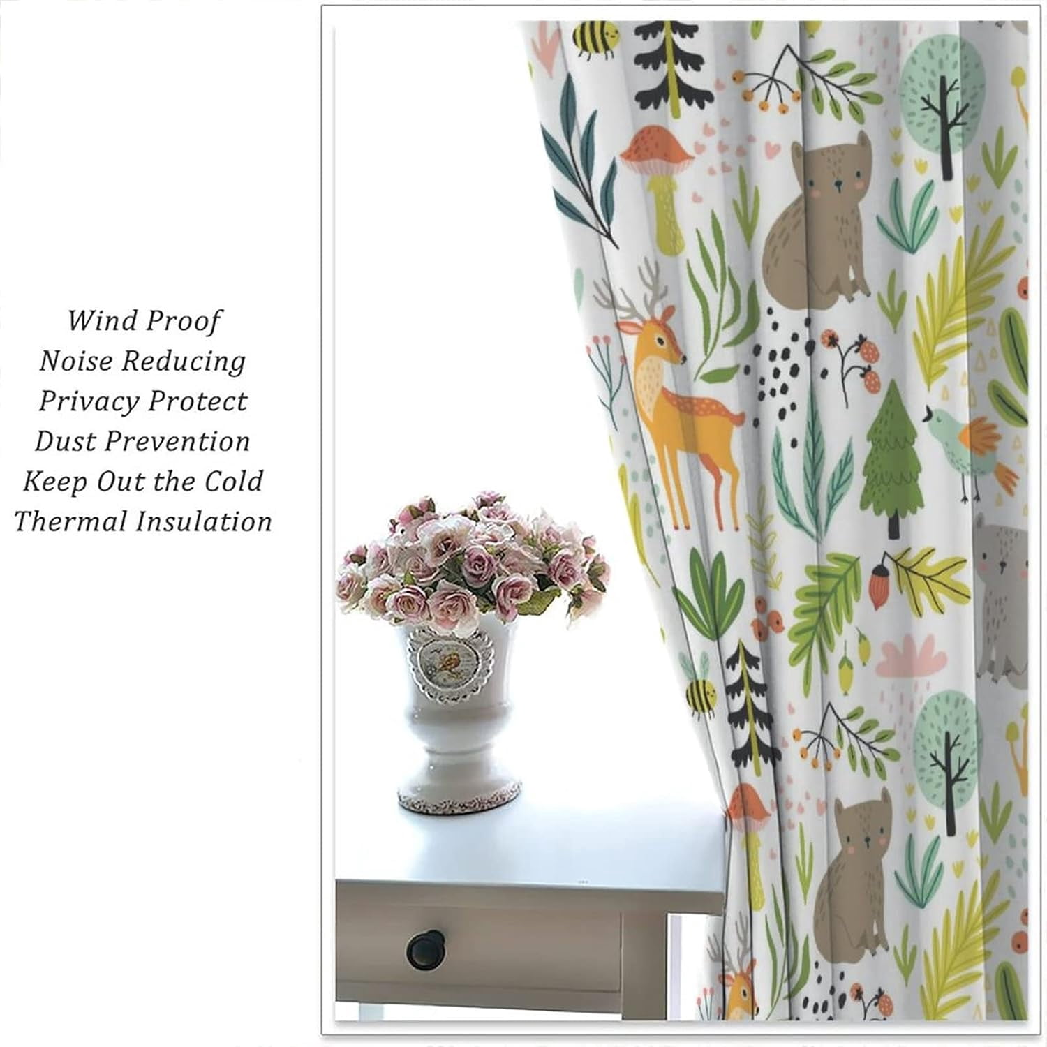 Kids Colorful Animals Curtains Cute Cartoon Forest with Wildlife Art Print for Kids Bedroom Nursery Decor Rod Pocket Blackout Window Drapes 2 Panels 52x84in