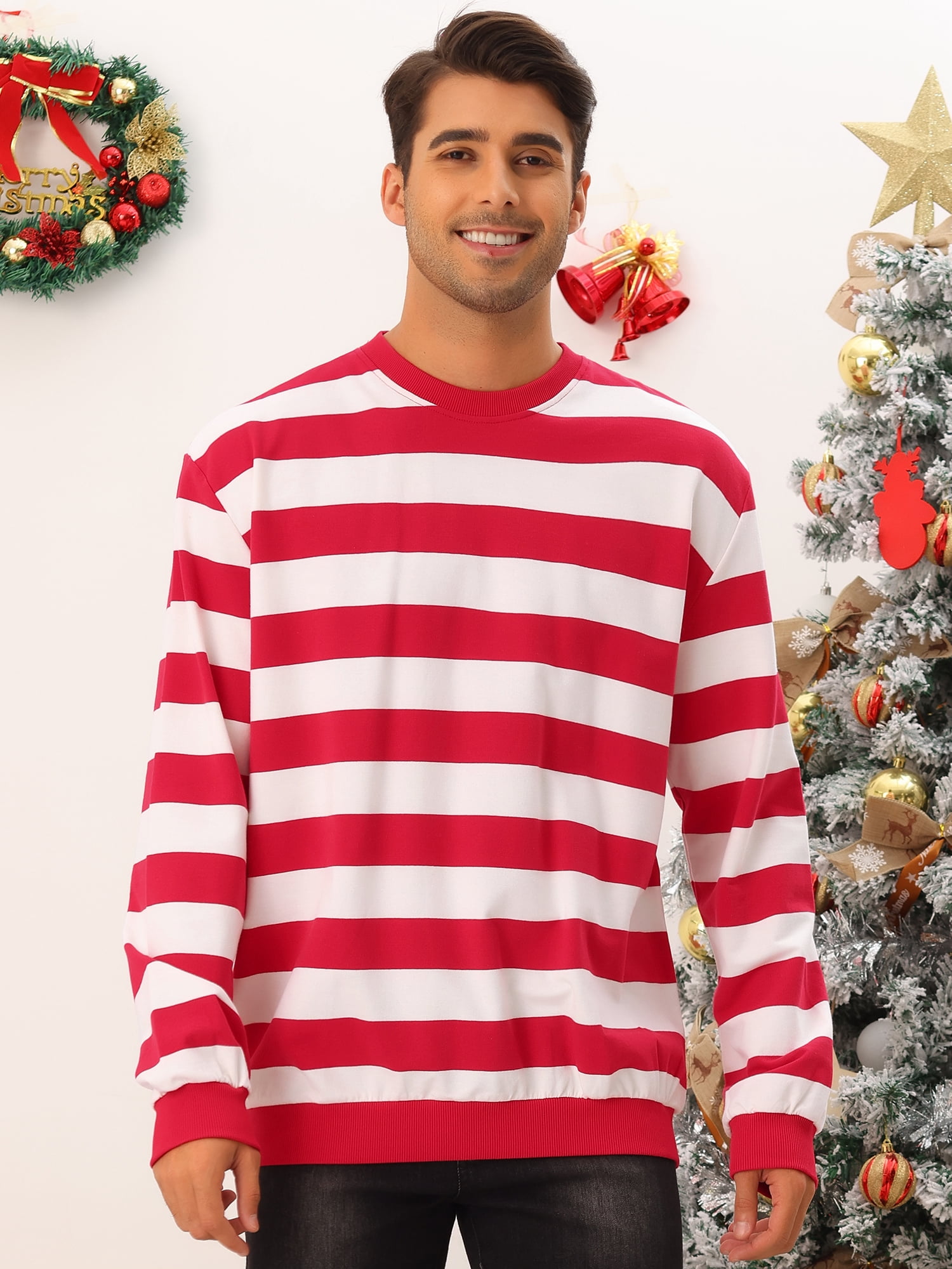 Unique Bargains Men's Striped Crew Neck Pullover Color Block Sweatshirts L Red White