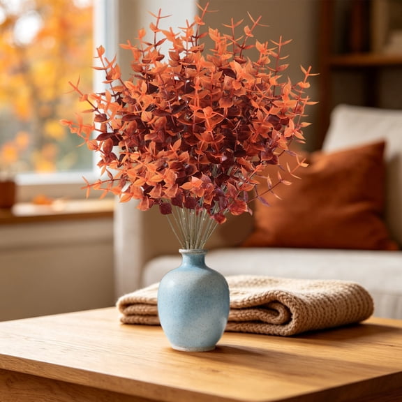XiaoZhao 1 Pack Artificial Fall Flowers Plants for Outdoors Fall Decor, Fall Fake Plants Eucalyptus Picks, Fake Faux Flower Autumn UV Resistant Orange Eucalyptus for Thanksgiving Outside Porch Home