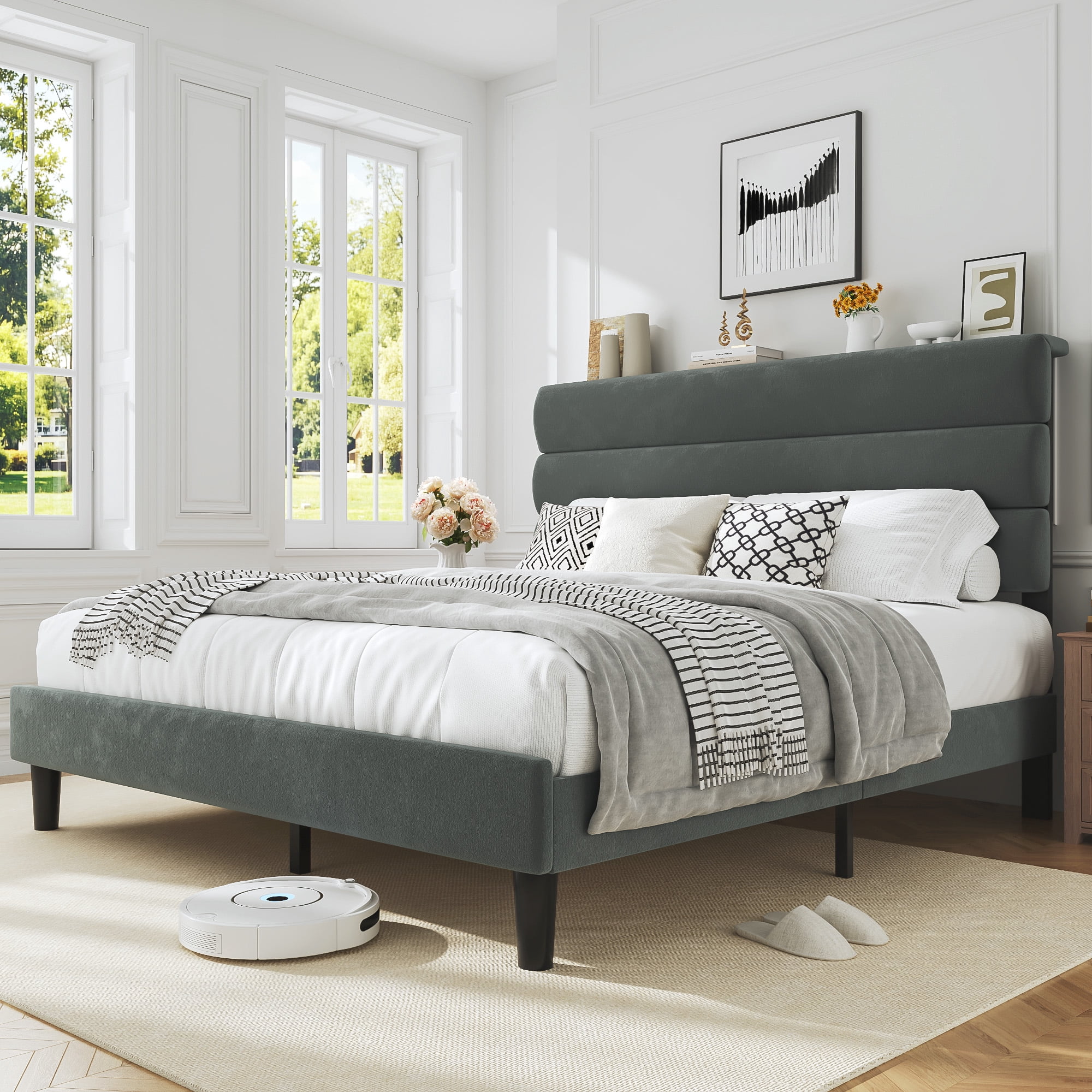 Bolvdo Queen Bed Frame with Velvet Upholstered Headboard, Metal Support, No Box Spring Needed, Noise Free, Easy Assembly, Grey