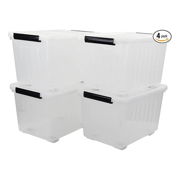 50 Quart Storage Boxes with Wheels - Large Plastic Storage Tote Bins Set of 4 - Stackable Containers for Clothes, Toys, Holiday Decorations - 20.2 x 14.6 x 13.2 Inches