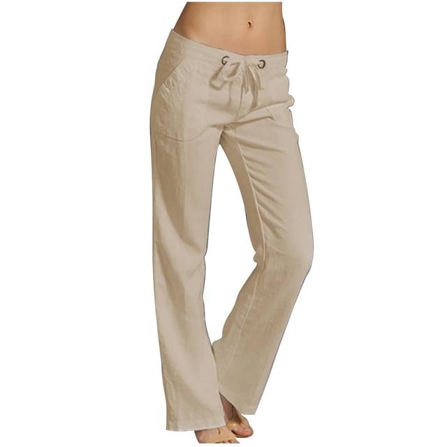 Cotton Linen Lounge Pants for Women Low Waisted Straight Leg Slacks Trousers with Pockets Solid Color
