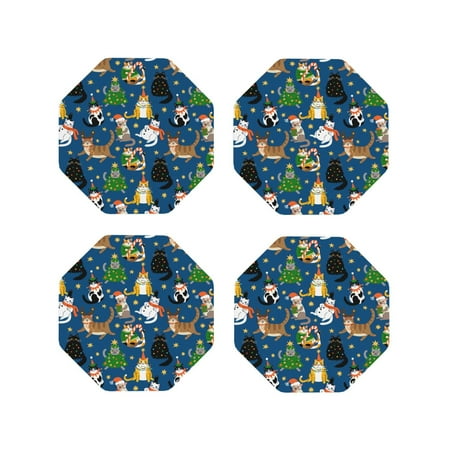 

Matuu Different Cats Christmas for Cup Coasters Set of 4 Leather Coasters Desk Coasters for Office Measures 4” x 4”-Octagon