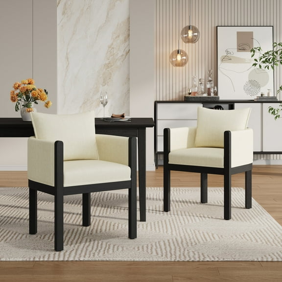 Christopher Knight Home Linen Upholstered Dining Chair, Accent Armchair with Solid Wood Frame, Black White, Set of 2