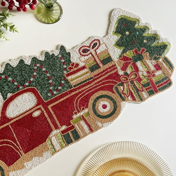 Enliven, Christmas Special beaded runner, Christmas tree on a truck, gift for her