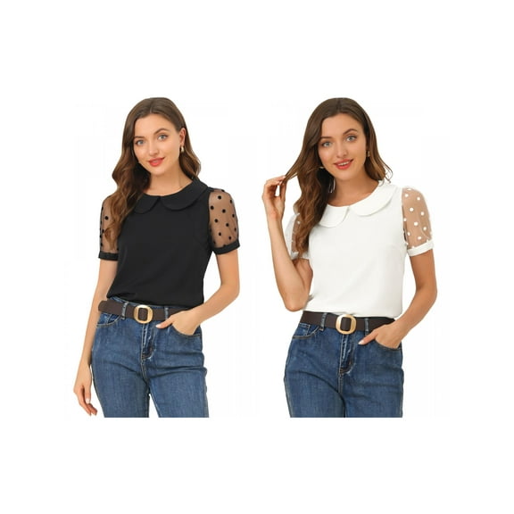 NOMADIC NOOK Women's 2 Packs Polka Dots Peter Pan Collar Mesh Puff Short Sleeve Blouse