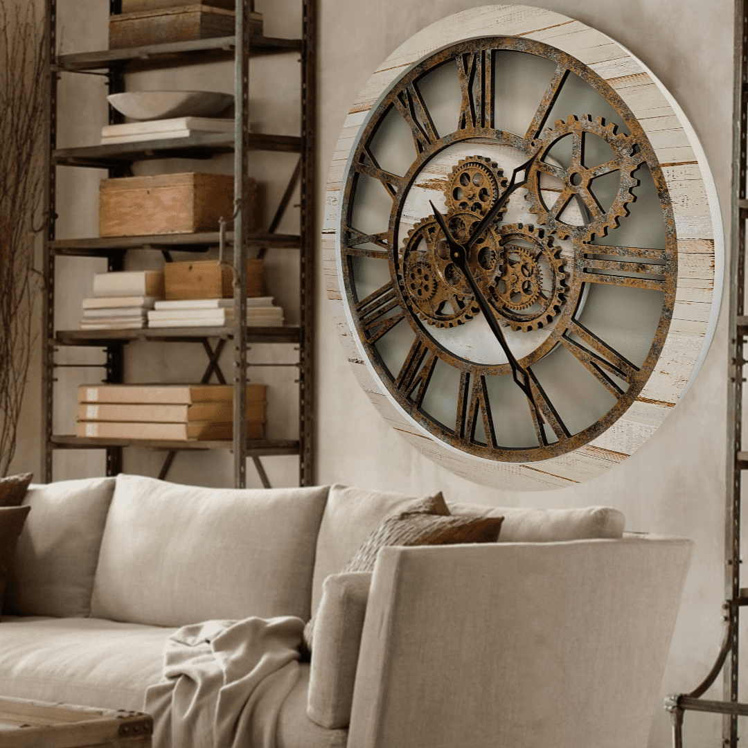 THE GEARS CLOCK Wall Clock with Real Moving Gears AM-LI_ 24 in Round Desert-Beige