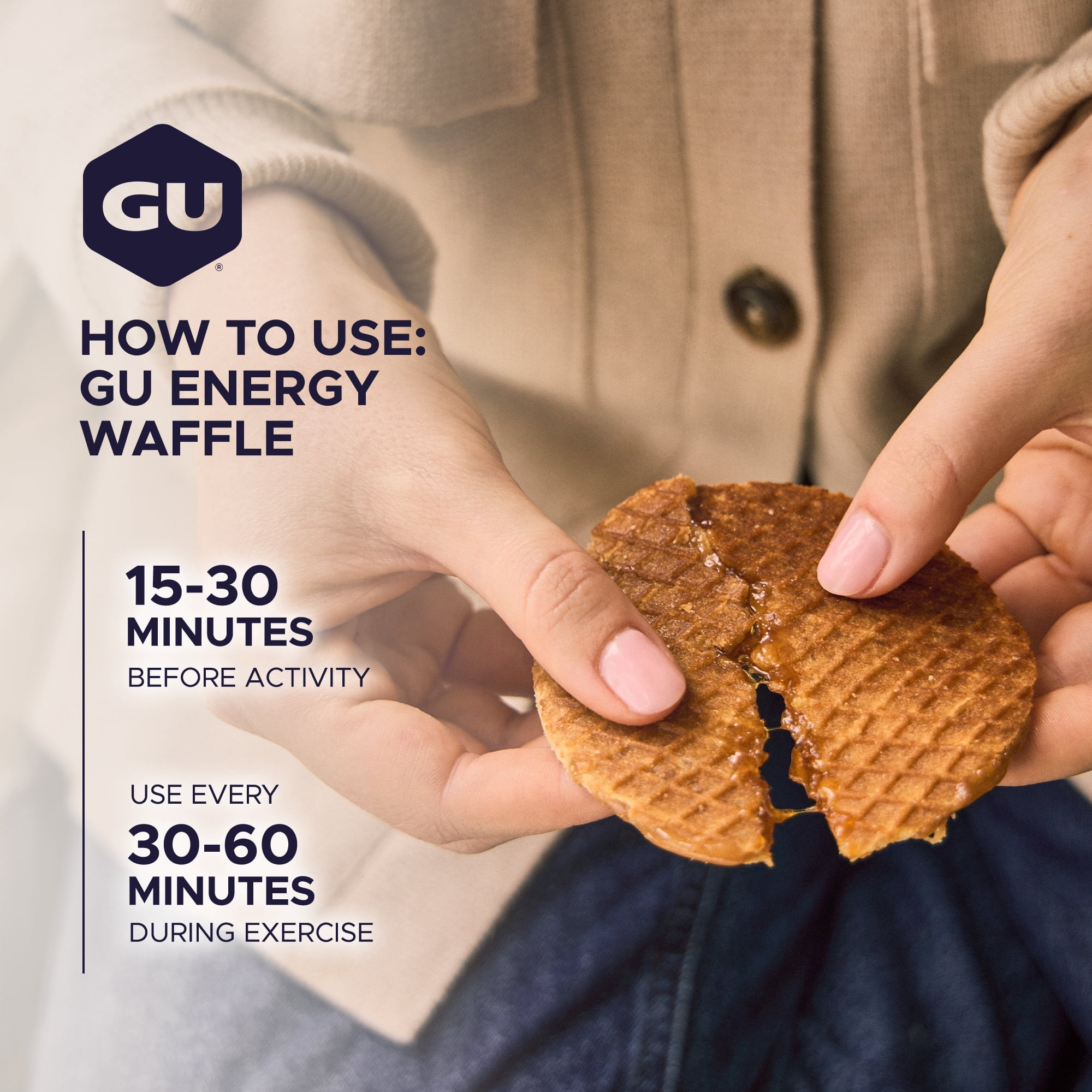 GU Energy Waffles, Salted Caramel, Caffeine-Free, 16ct Box, On-the-Go Energy for Any Workout