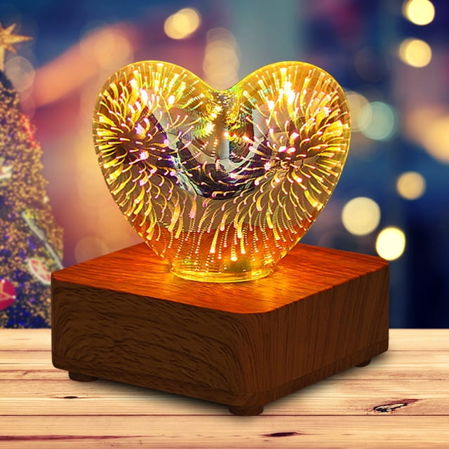 Lámpara Atmósfera Forma de corazón Luz Base de madera maciza Vidrio 3D Enchufe USB para dormir Ehuebsd Para estrenar