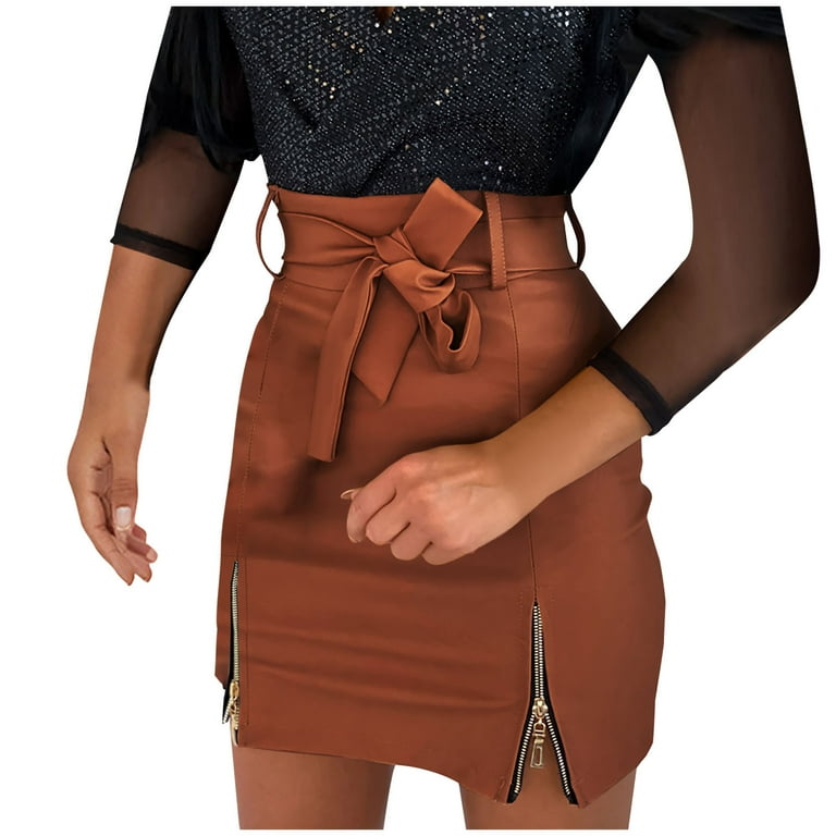 High waisted leather mini skirt with belt top