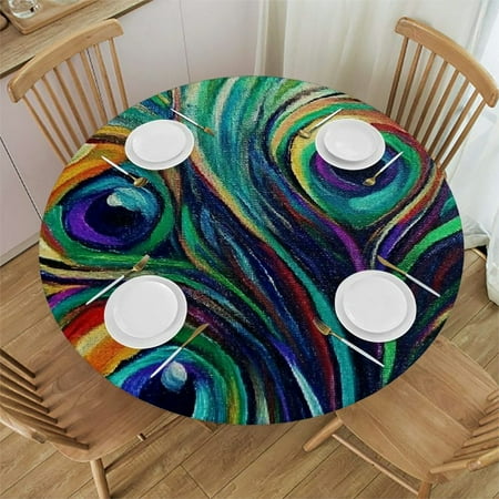 

SHERONV Peacock Feather Vibrant Colors Round Tablecloth Stain-Resistant 46 -50