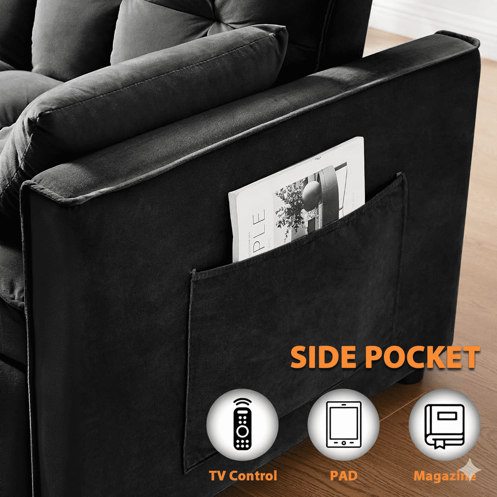 3 in 1 Sleeper Sofa Bed, 55" Convertible Pull Out Couch with Adjustable Backrest, Velvet Loveseat Sofa with Side Pockets for Living Room, Bedroom, Apartment, and Small Space (Black)