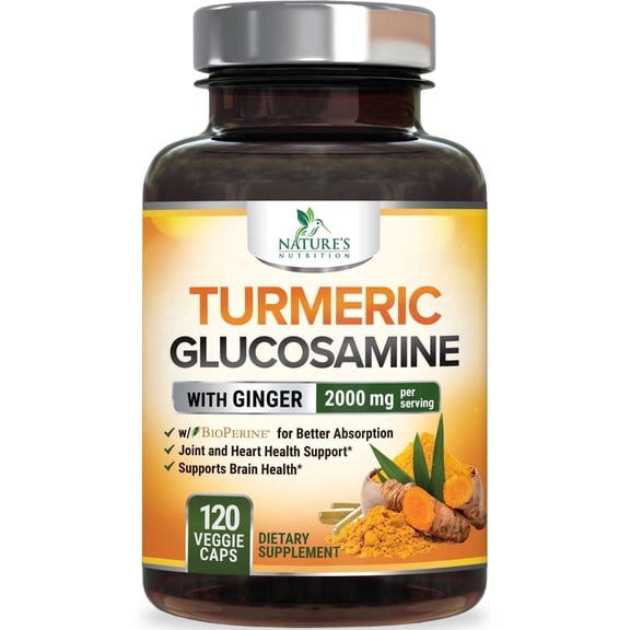 Turmeric Curcumin Supplement 2000mg - 95% Curcuminoids with Glucosamine, Ginger & MSM, BioPerine Black Pepper for Best Absorption, Nature's Vegan Joint Support, Non-GMO, Bottled in USA - 120 Capsules