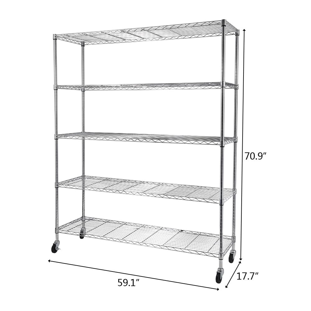5-Tier Adjustable Storage Metal Rack with Wheels & Shelf Liners Ideal for Garage, Kitchen, and More